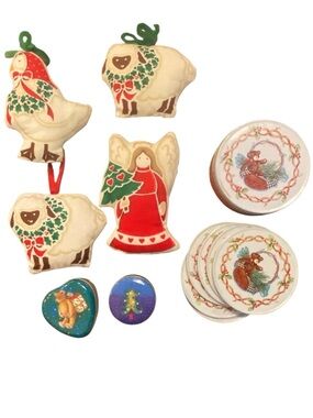 Vintage Christmas bundle quilted goose ornaments Tiny tins Teddy Bear Coasters